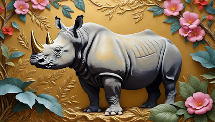 An exquisite image showcasing a powerful rhinoceros surrounded by delicate pink flowers and ornate golden foliage