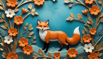 This image features a colorful three-dimensional paper art sculpture of a fox surrounded by a decorative floral frame on a blue background