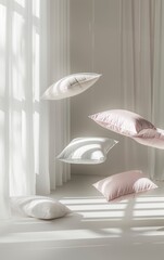 Soft pastel pillows floating in bright sunlit room with sheer curtains, creating a soft and serene environment.