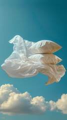 White Bedding Floating above clouds in a clear blue sky, , invoking a dreamlike sense of rest and relax.