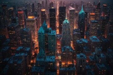 A city at night with many tall buildings and lights