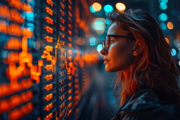A woman stands contemplating the sprawling digital data signifying stock market fluctuations, evoking thoughts on digital economy and investment