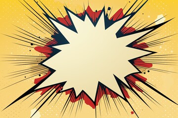 Beige background with a white blank space in the middle depicting a cartoon explosion with yellow rays and stars. 