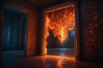 A fire is burning through a doorway in a room