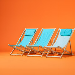 Three folding chairs arranged in a row on a sunny orange backdrop