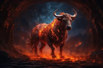 Foto op Plexiglas A large, fiery bull with horns stands in a cave © SynchR