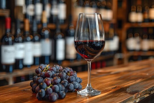 A sophisticated image showcasing a glass of rich, dark red wine beside a bunch of ripe grapes on a wooden bar with blurred bottles in the background