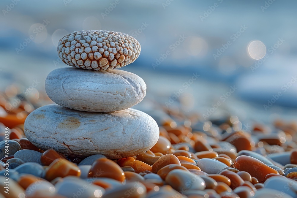 Poster macro shot of a stack of balanced zen stones on a pebbly beach showcasing texture and the concept of