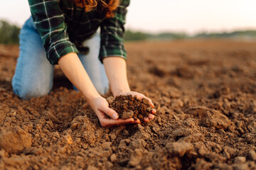 Female hands touching soil on the field. Agriculture, gardening, business or ecology concept.