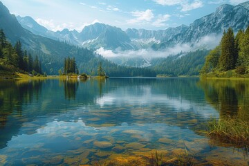 A tranquil scene of a beautiful mountain lake with crystal-clear waters reflecting the surrounding forest and peaks