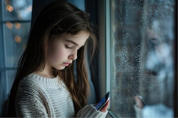 Stunning photos of an upset, sad 14 year old girl standing by the window with a phone in high resolution.