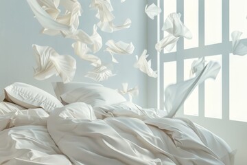 A creative photo showcasing white bed linens and pillows caught in a moment of airy levitation in a room filled with soft, natural light, creating a whimsical and serene atmosphere..
