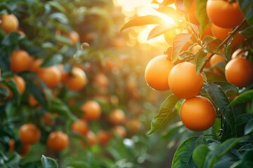 A vibrant and detailed image capturing the beauty of ripe oranges basking in the sunlight amidst lush green leaves