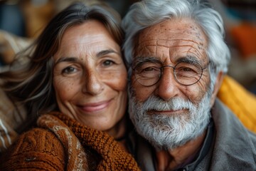 Heartwarming close-up of an elderly couple embracing and smiling, showing affection and a lifetime together