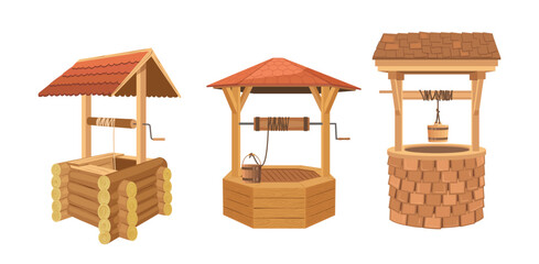 Wooden water wells with protective cover, bucket on rope and crank set on white background