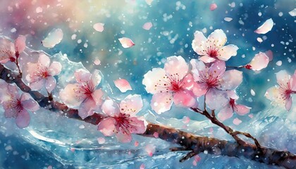 美しい桜の花びらが氷の中で幻想的に輝いている、背景に心地よい風が吹き抜ける。