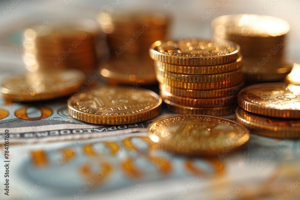 Poster A close look at neatly stacked coins against a backdrop of financial charts and graphs