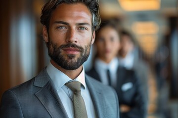 Fototapeta premium An elegant man in a suit glances at the camera with a group of professionals slightly out of focus