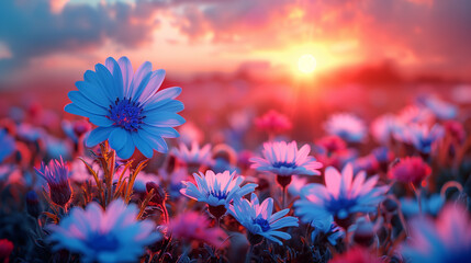 Flowers field in sunlight, spring or summer meadow grass landscape background. Chamomile, cornflower and daisy flowers field in sun light, closeup macro wildflowers lawn in sunrise or sunset sky