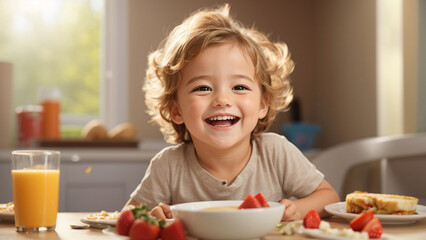 Charming small kid having breakfast, yummy morning, Generative AI illustration