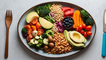 Minimalistic image of healthy plate of food, Generative Ai illustration meal