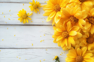 Yellow flowers on a white table bring a touch of sunshine indoors. Copy Space. Generative AI