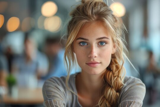 The image features a young woman with a braid, light blue eyes, and a soft expression, set against a blurred café background
