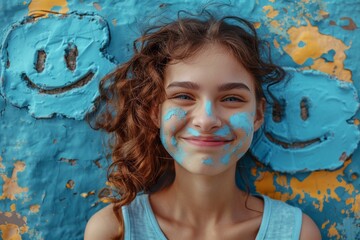 A joyful young girl with blue paint on her face poses near a wall with smiley graffiti