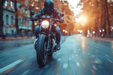 A motorcyclist in black gear riding a motorcycle, speeding with motion blur down a tree-lined urban...