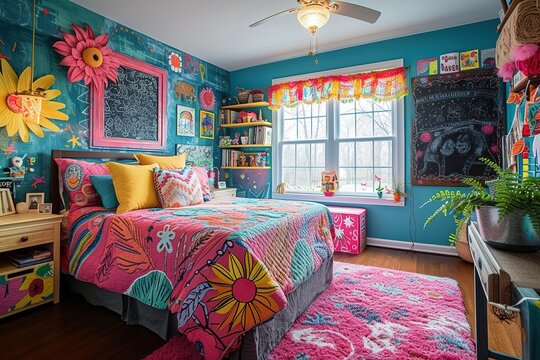 An artist themed girls bedroom Use bright and cheerful colours for walls, and consider one wall as a chalkboard or magnetic paint area for drawing and crafting.