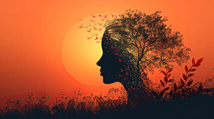 mental health awareness , human black silhouette of tree with his inner anxiety and depression shadow, Self care, love, acceptance concept.Mental health issue, feeling of frustrated, anxiety, 13 may,