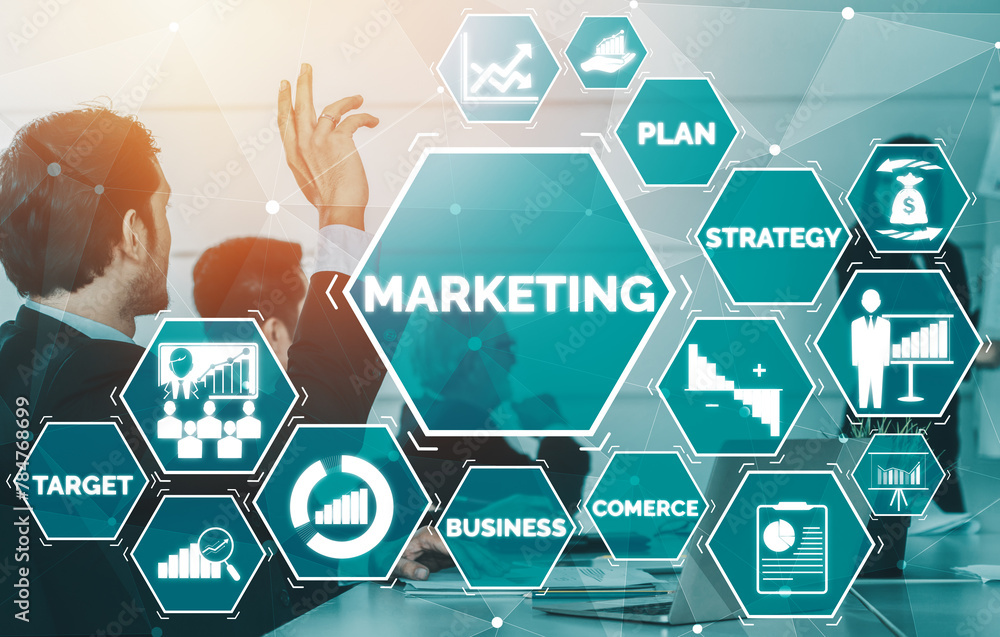 Poster digital marketing technology solution for online business concept - graphic interface showing analyt