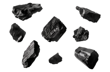 Charcoal, bituminous coal, realistic bamboo coal or carbon powder splash. Png transparent  background. Black charcoal explosion in macro closeup of floating coals with dust cloud