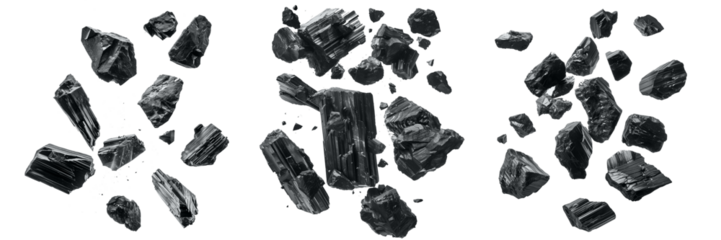 Charcoal, bituminous coal, realistic bamboo coal or carbon powder splash. Png transparent  background. Black charcoal explosion in macro closeup of floating coals with dust cloud