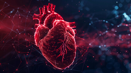Abstract red human heart, Medical concept, 3D Wireframe connection structure - obrazy, fototapety, plakaty