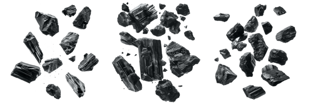 Charcoal, bituminous coal, realistic bamboo coal or carbon powder splash. Png transparent  background. Black charcoal explosion in macro closeup of floating coals with dust cloud