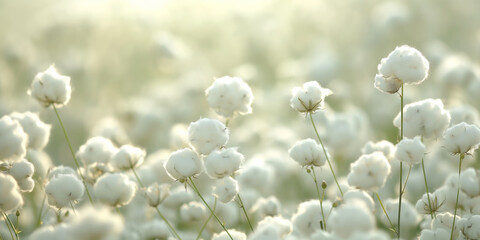 Field of white cotton flowers in sunlight, part of the grass family. Generative AI