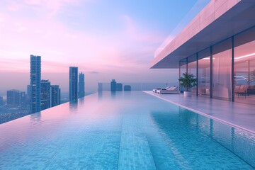 Contemporary urban rooftop pool with infinity edge and city skyline view