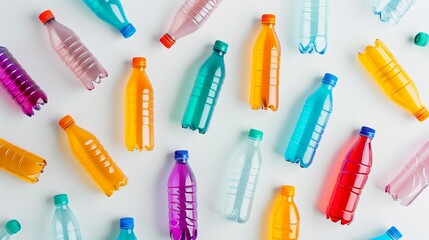 Visualize a top-down view of numerous plastic bottles arranged on a clean white background. This image highlights the abundance of plastic waste in our environment