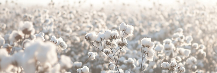Field of cotton flowers in sunlight, growing beautifully. Generative AI