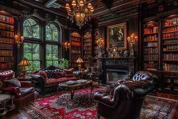 Victorian Gothic-inspired home library with dark wood paneling and plush furnishings.