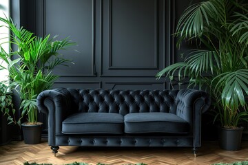 Black interior modern classic. A large black sofa, a sofa in expensive fabric, a green houseplant. Black dark room - obrazy, fototapety, plakaty