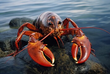 Lobster on a rock in the sea, close-up
