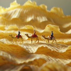 Bedouins on camels crossing kilometers over potato chips.Minimal creative food concept.