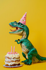 Dinosaur with a birthday hat and  birthday cake..Minimal creative party concept.