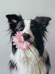 border collie dog with pink flowers in it's mouth.Minimal creative nature concept.