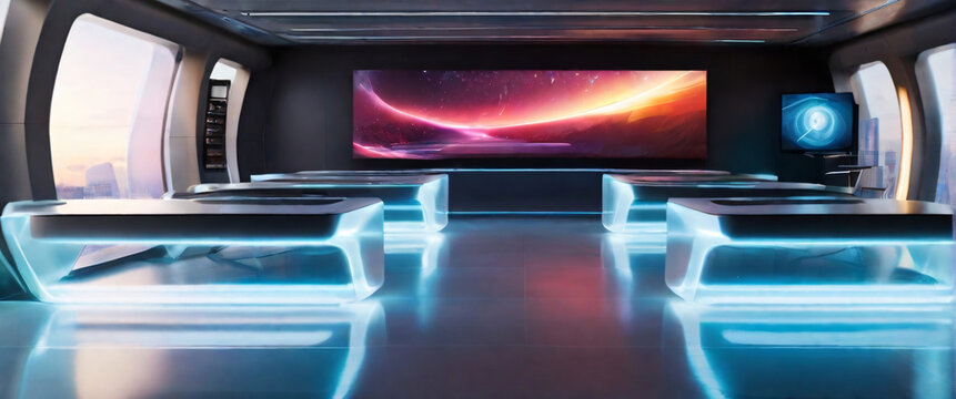 futuristic classroom, with sleek metallic desks and holographic screens that light up the room