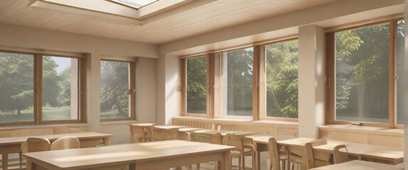 cozy classroom, with warm wooden desks and soft natural lighting streaming in through large windows