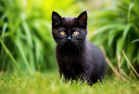 Cute black cat sitting in the grass in the garden with green background