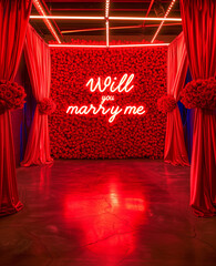 Photo shooting space and engagement space to immortalize the moment of proposal acceptance with text "Will you marry me".Minimal creative wedding party cponcept.